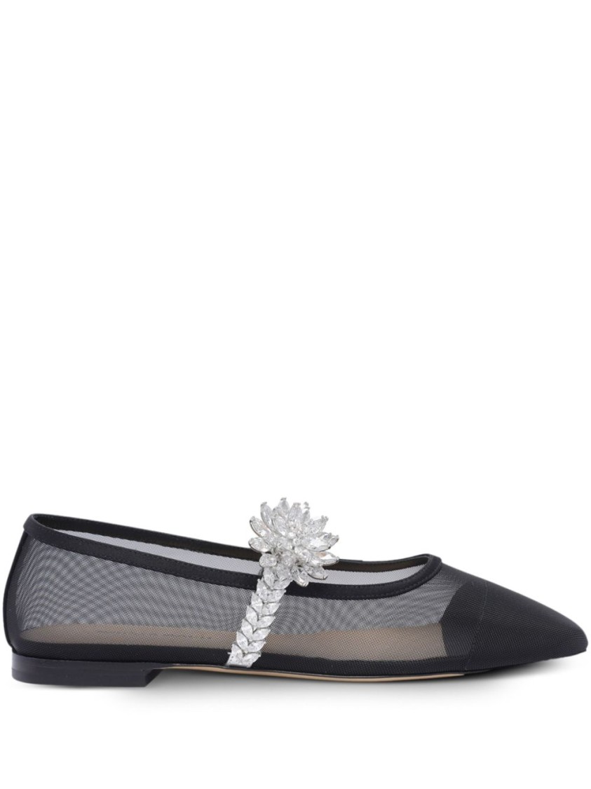 Mach&mach Mach & Mach Crystal-embellished Black Flat Shoes With Mesh Overlay In Gray