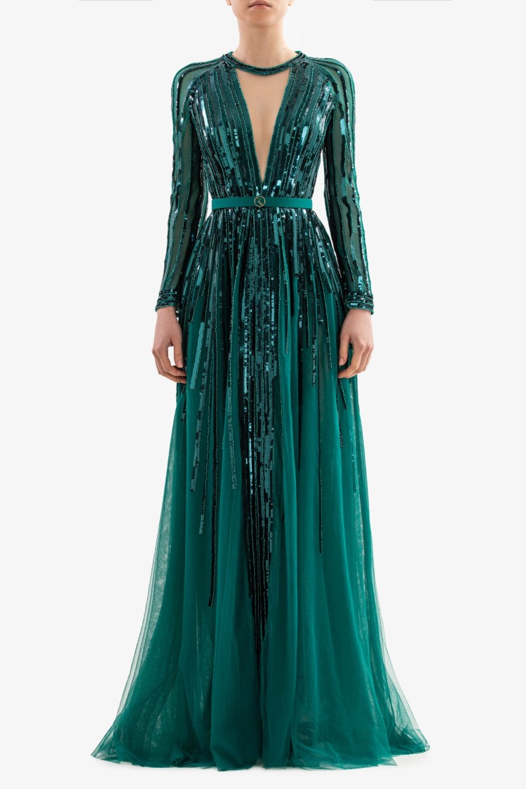 Saiid Kobeisy Sequin Long Sleeved Gown In Green