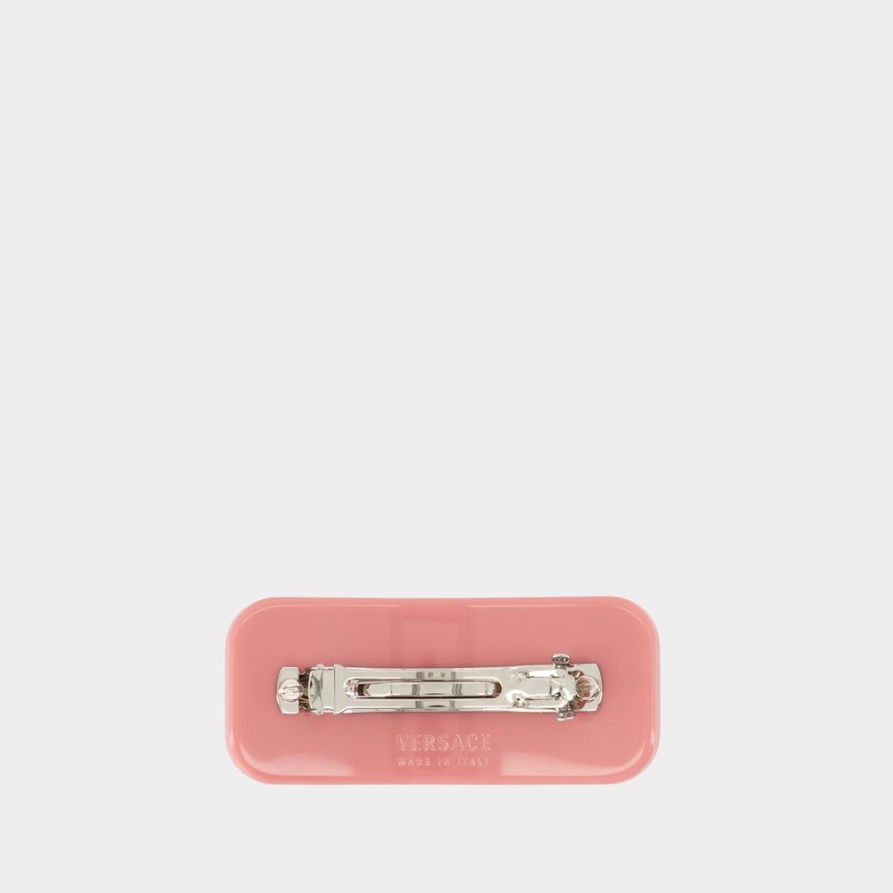 Versace Glossy Rectangular Hair Clip With Sparkling Embellishments In Pink
