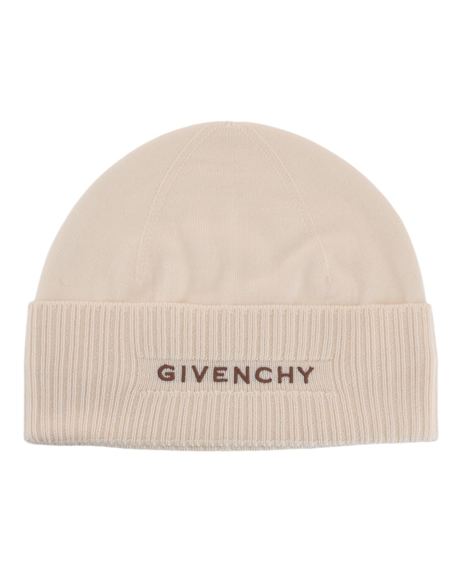 Givenchy Ribbed Beanie With Front And Back Logo Embroidery In Neutral