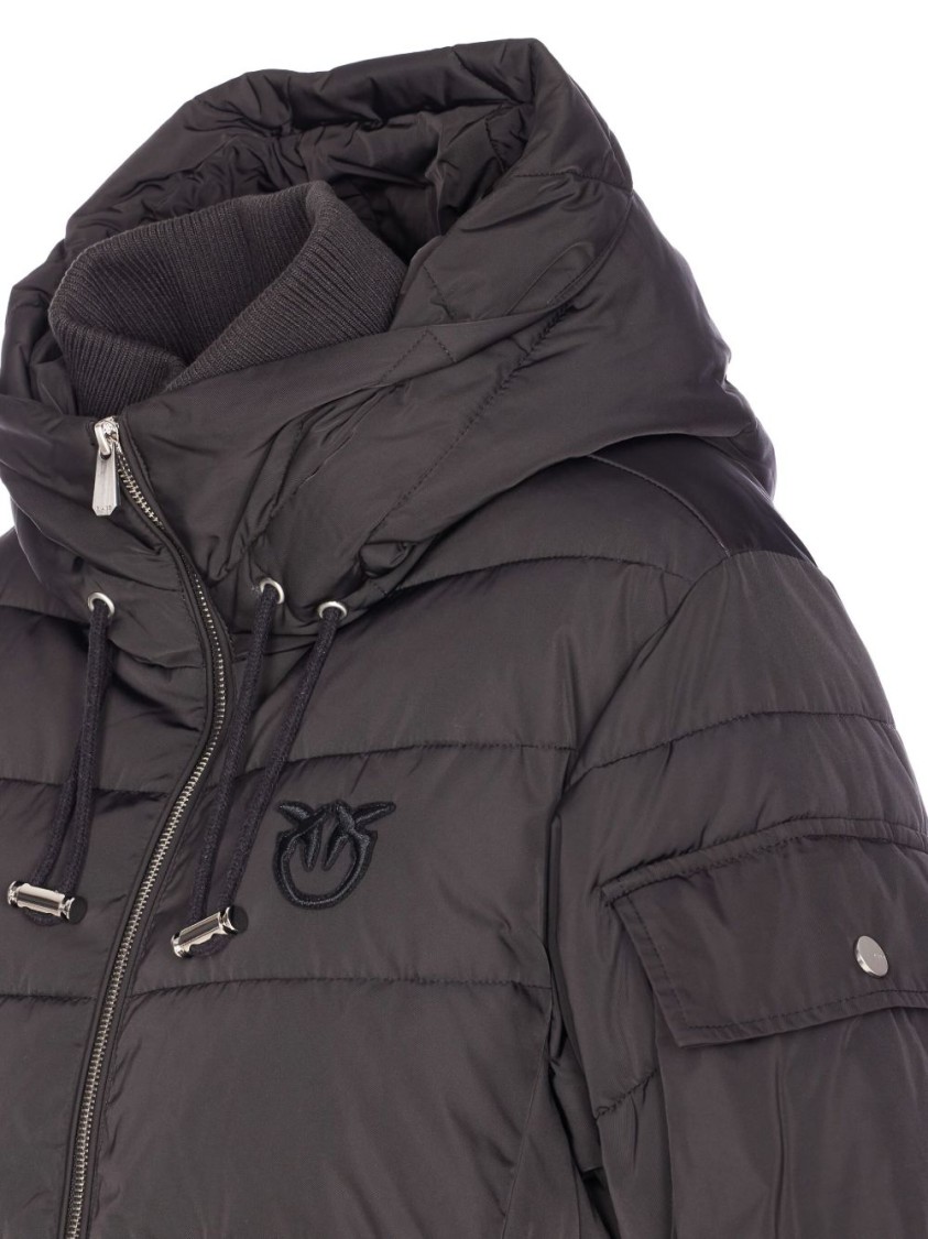 Pinko Puffer Jacket With Hood And Horizontal Quilting In Brown