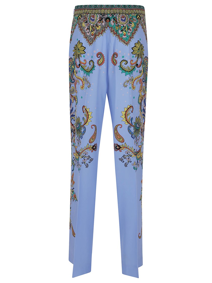 Etro Palazzo Silk Trousers With Floral And Geometric Print In Blue