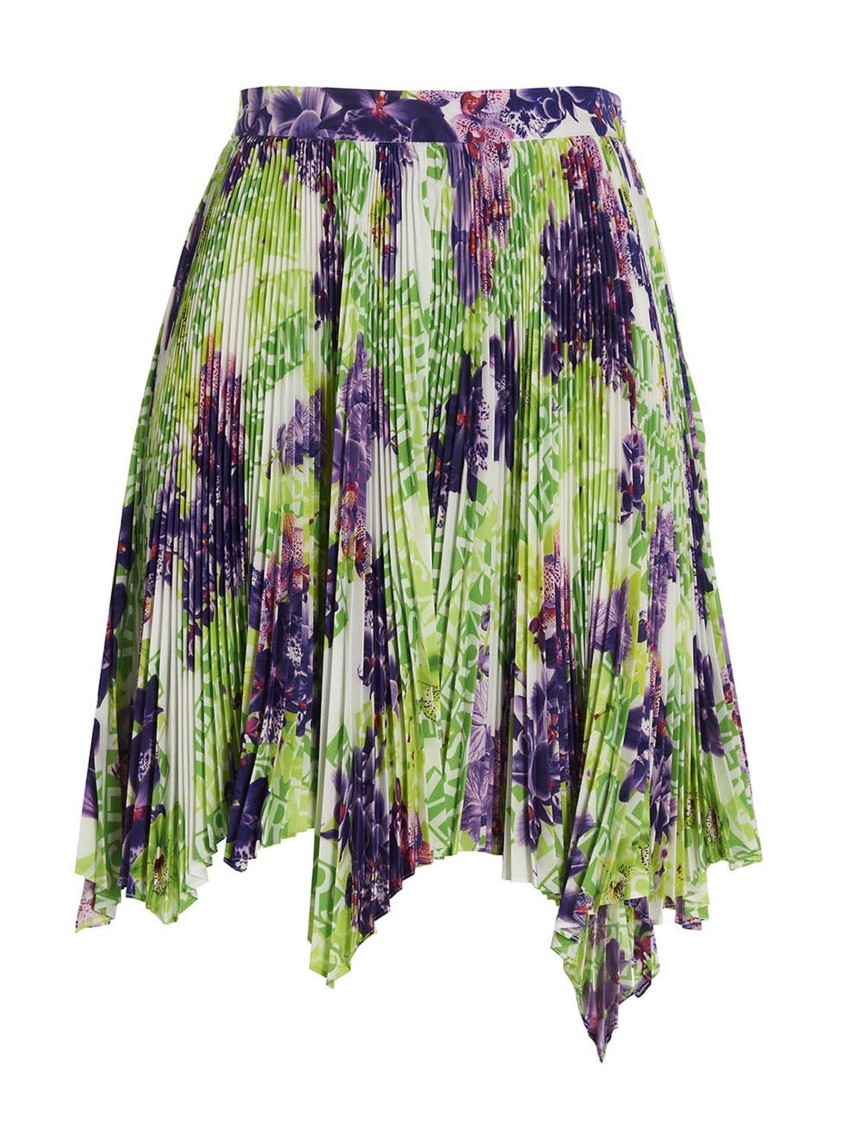 Versace Logo Orchid-print Pleated Asymmetric Skirt In Green