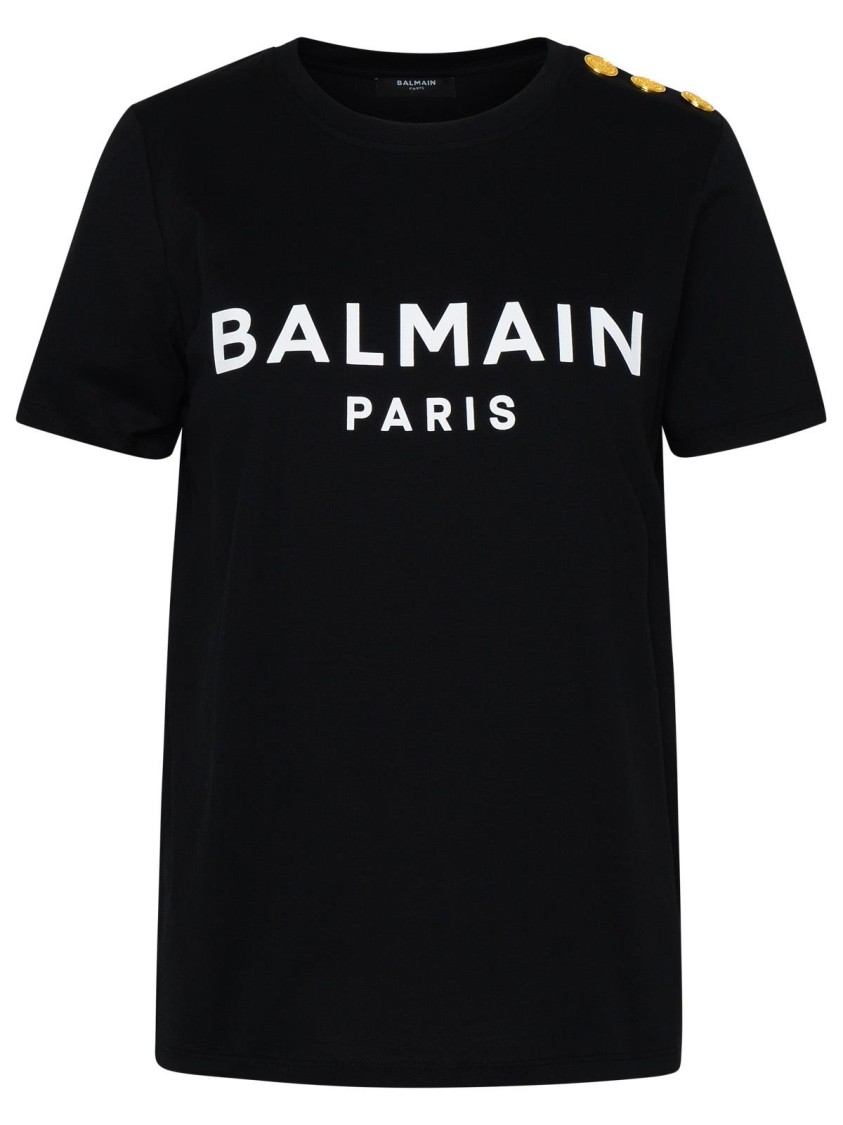 Balmain Black Crewneck T-shirt With Logo Print And Golden Buttons In Jersey Woman In Black