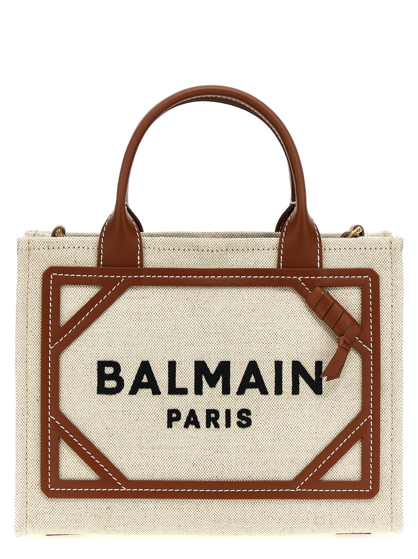 Balmain Mini Canvas And Leather Tote Bag With Adjustable Strap In Neutral