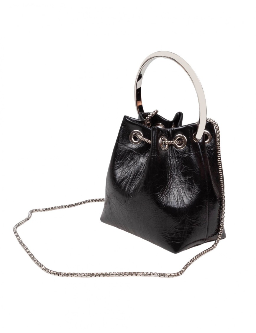 Jimmy Choo Eyelet Chain Bucket Bag With Metallic Handle In Black