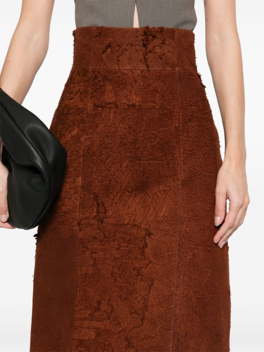 Alexander Mcqueen Womens Brown Brushed-suede Split Leather Midi Skirt In Brown