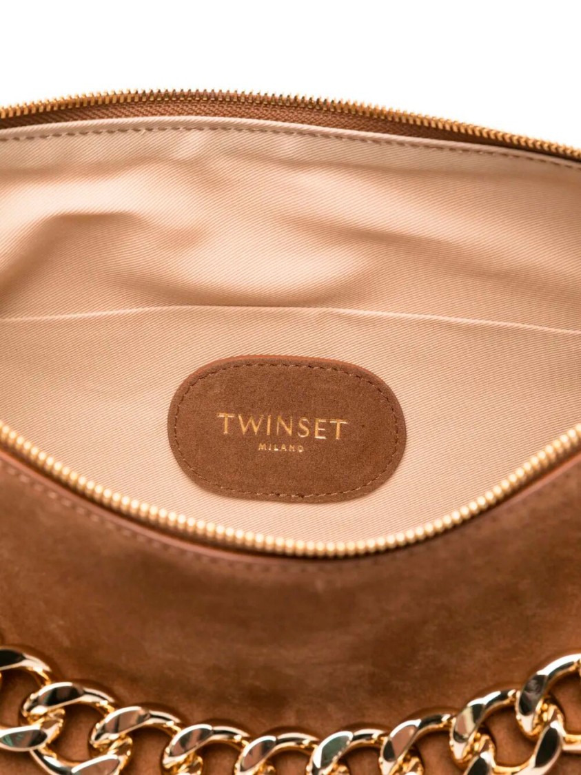 Twinset Twin-set Curved Suede Crossbody Bag With Chain Strap In Brown