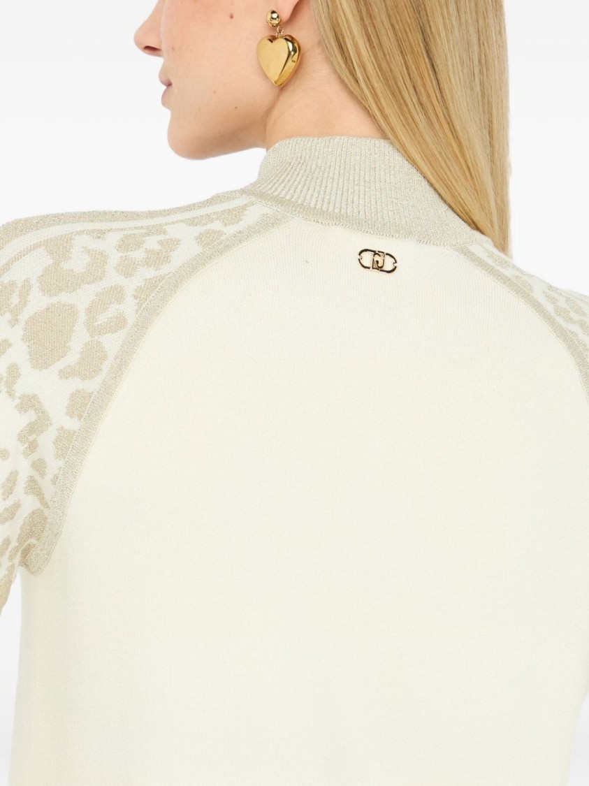 Liu •jo Liu Jo High Collar Zip-up Sweater With Subtle Leopard Print Detail In White