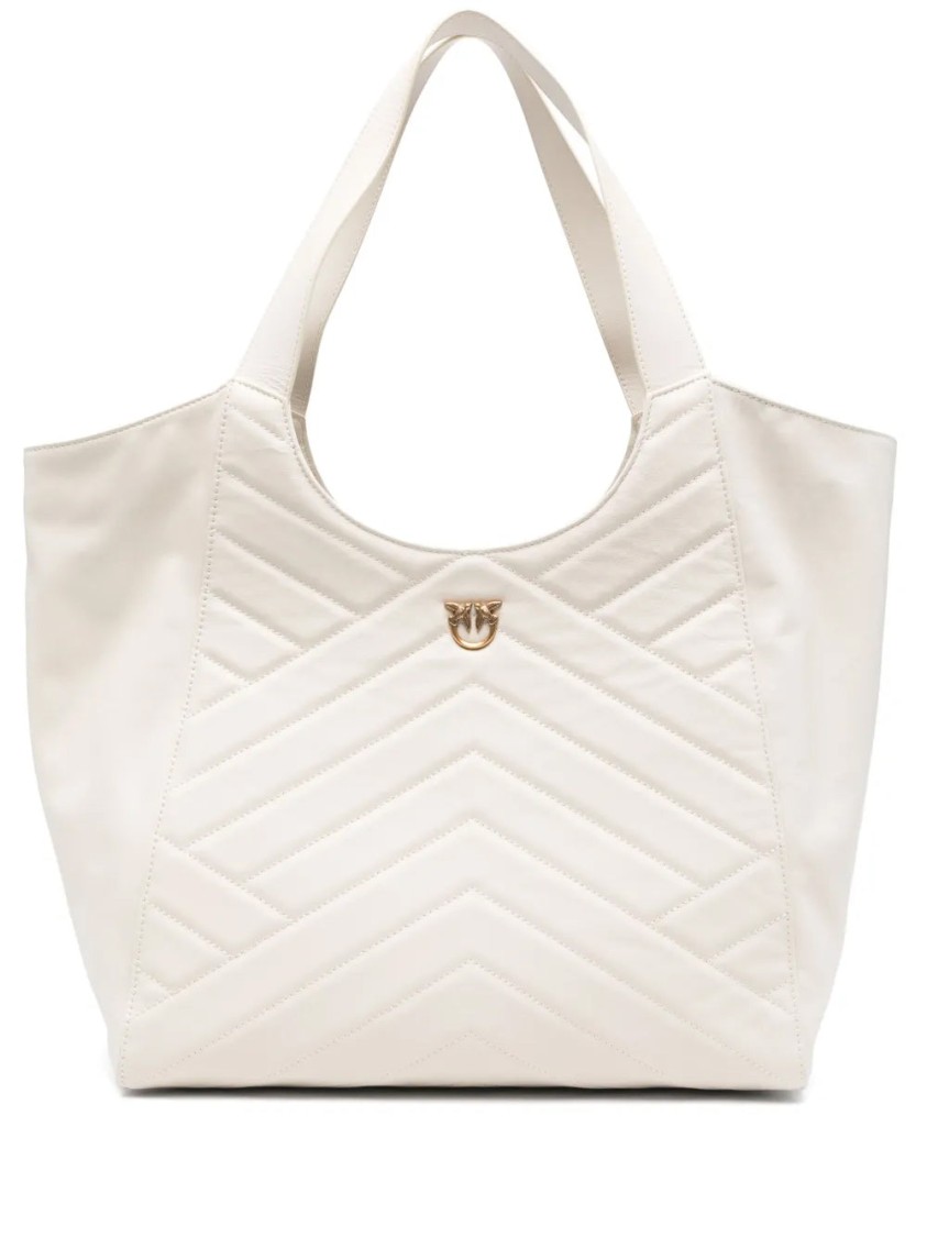 Pinko Quilted White Tote Bag With Chevron Pattern In Neutral
