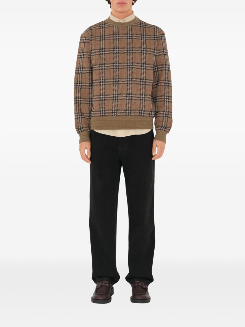 Shop Burberry Check Pattern Sweatshirt With Embroidered Logo In Brown