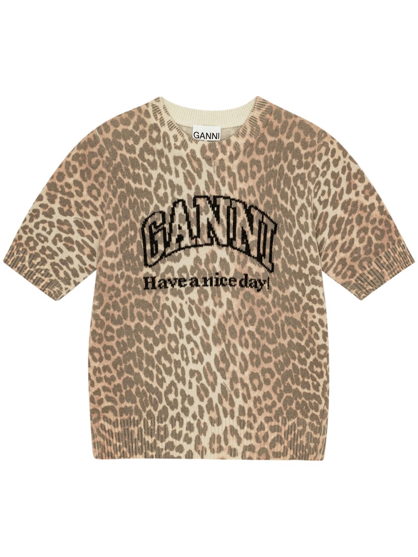 Ganni Leopard Print Wool Blend  T-shirt With Graphic Design In Neutral