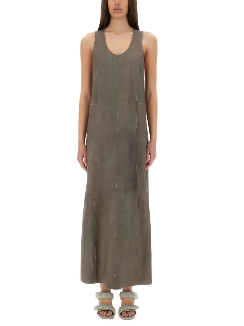 Shop Alysi Sleeveless Leather Maxi Dress With Deep V-neckline In Grey