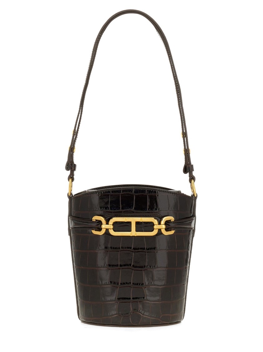 Tom Ford Small Shiny Stamped Croc Bucket Bag In Brown