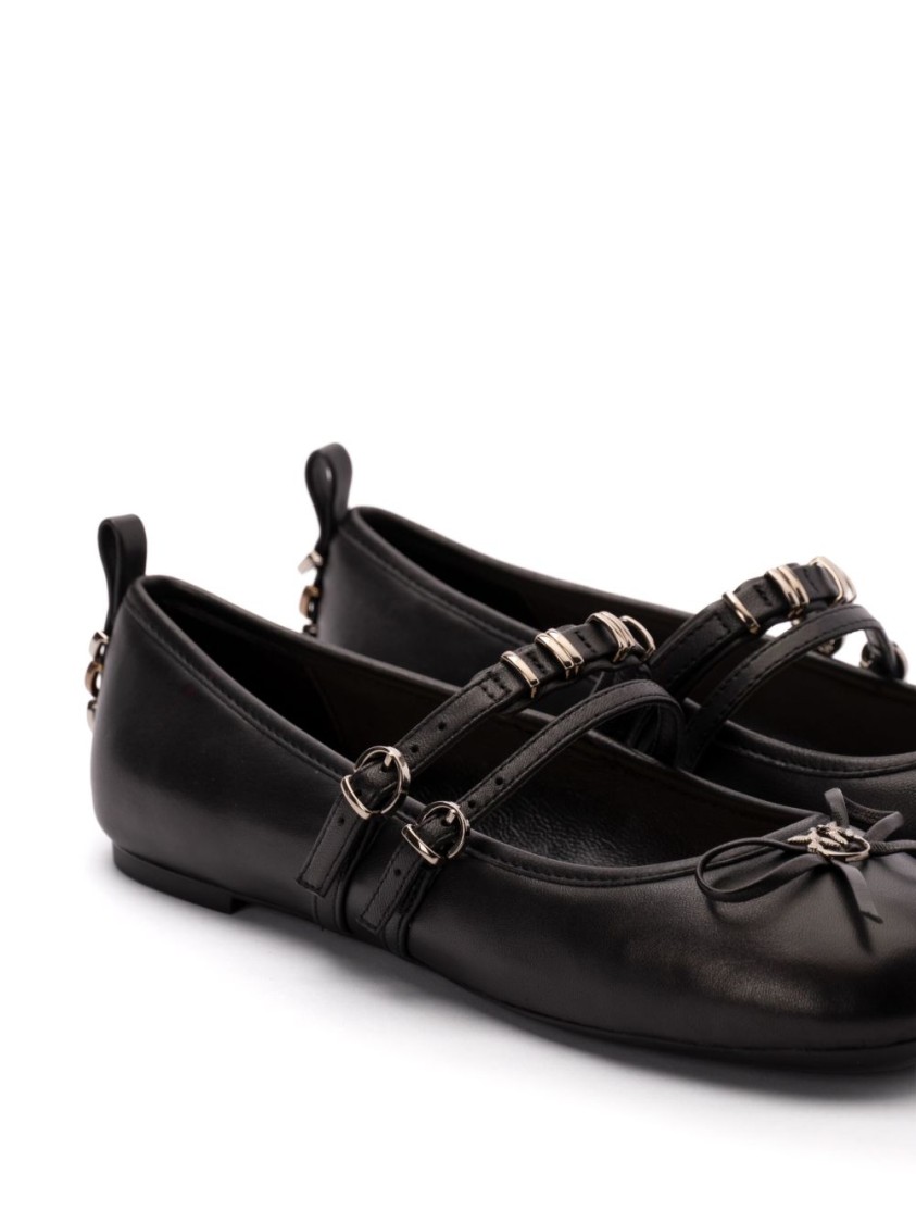 Pinko Nappa Leather Ballet Flats With Straps And Bow In Black