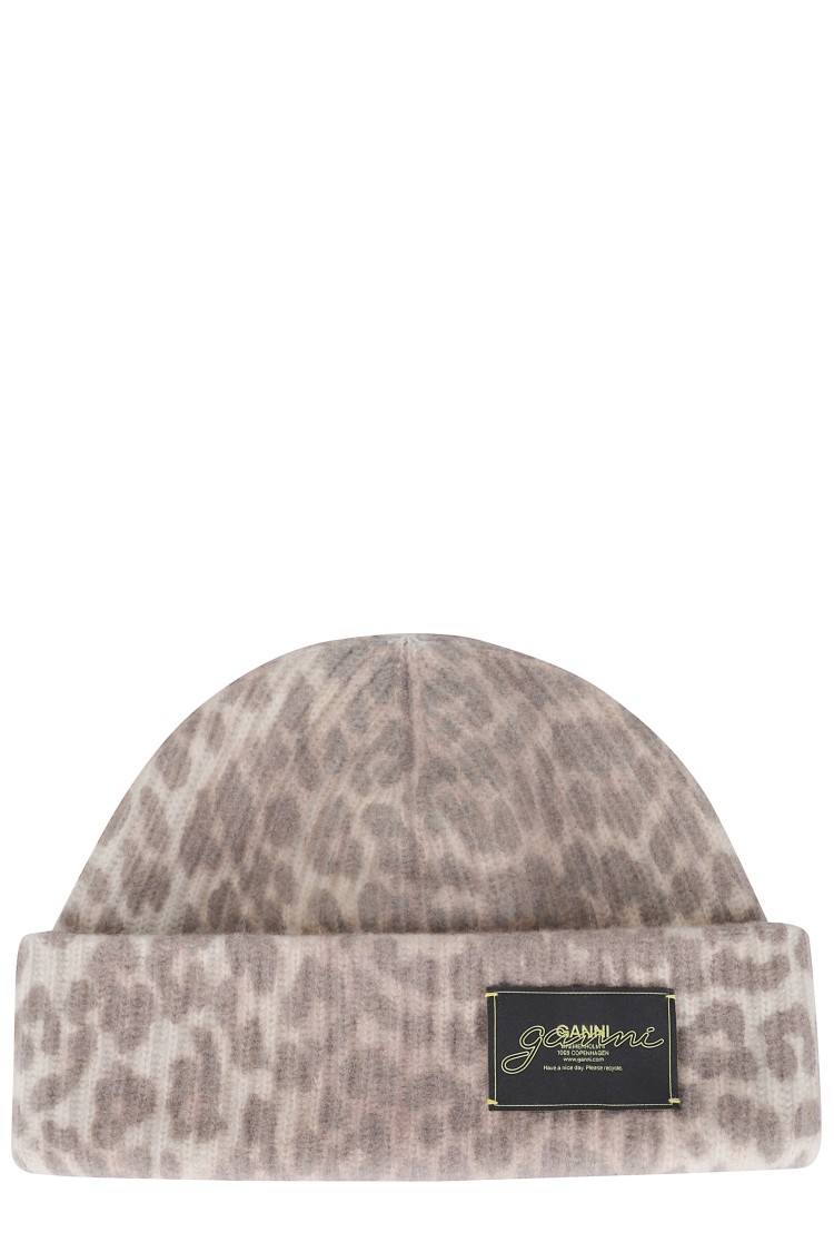Ganni Graphic Wool Mix Printed Leopard Beanie In Neutral