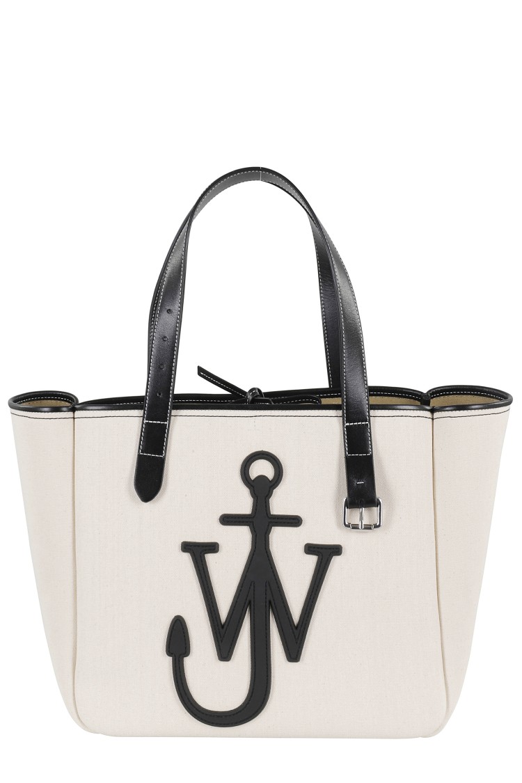 Jw Anderson White Shopper With Jw Logo On The Front In Canvas And Leather Woman In Neutrals