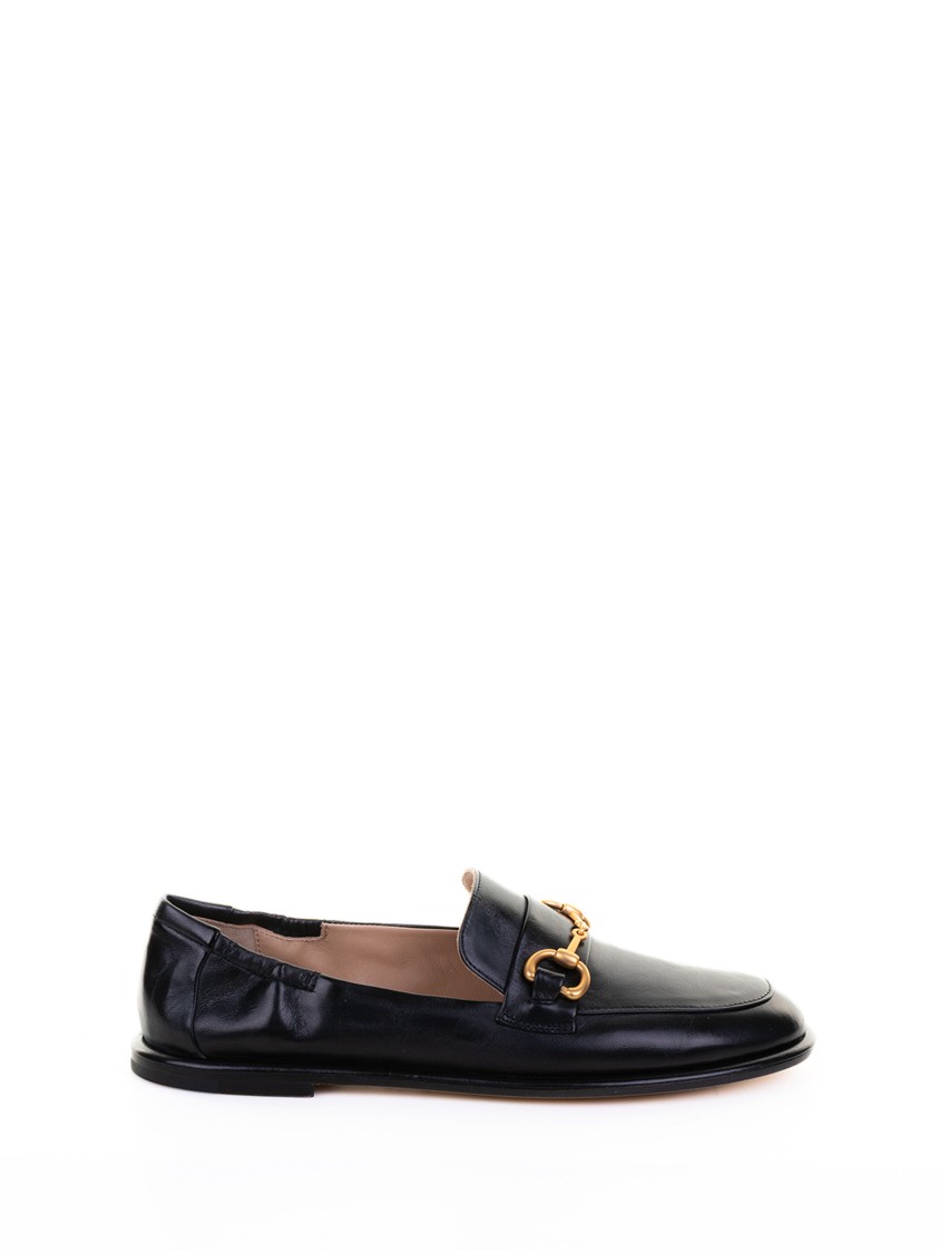 Pomme D'or Black Leather Loafer With Gold Buckle