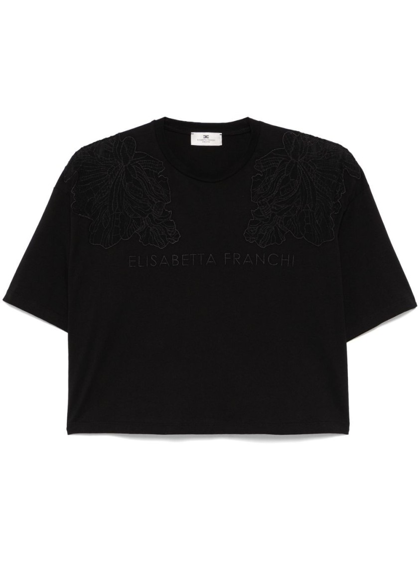 Elisabetta Franchi Cropped Black T-Shirt With Floral