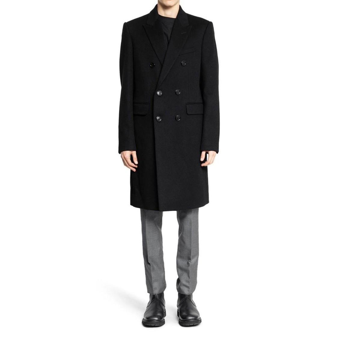 Celine Double-breasted Wool Coat With Padded Shoulders And Tailored Fit In Black