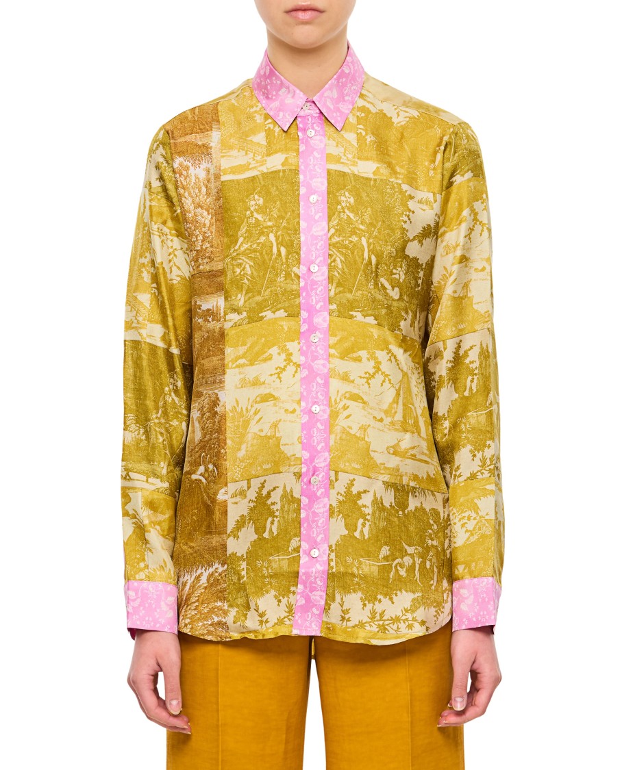 Shop Pierre-louis Mascia Yellow/pink Printed Shirt With Pointed Collar