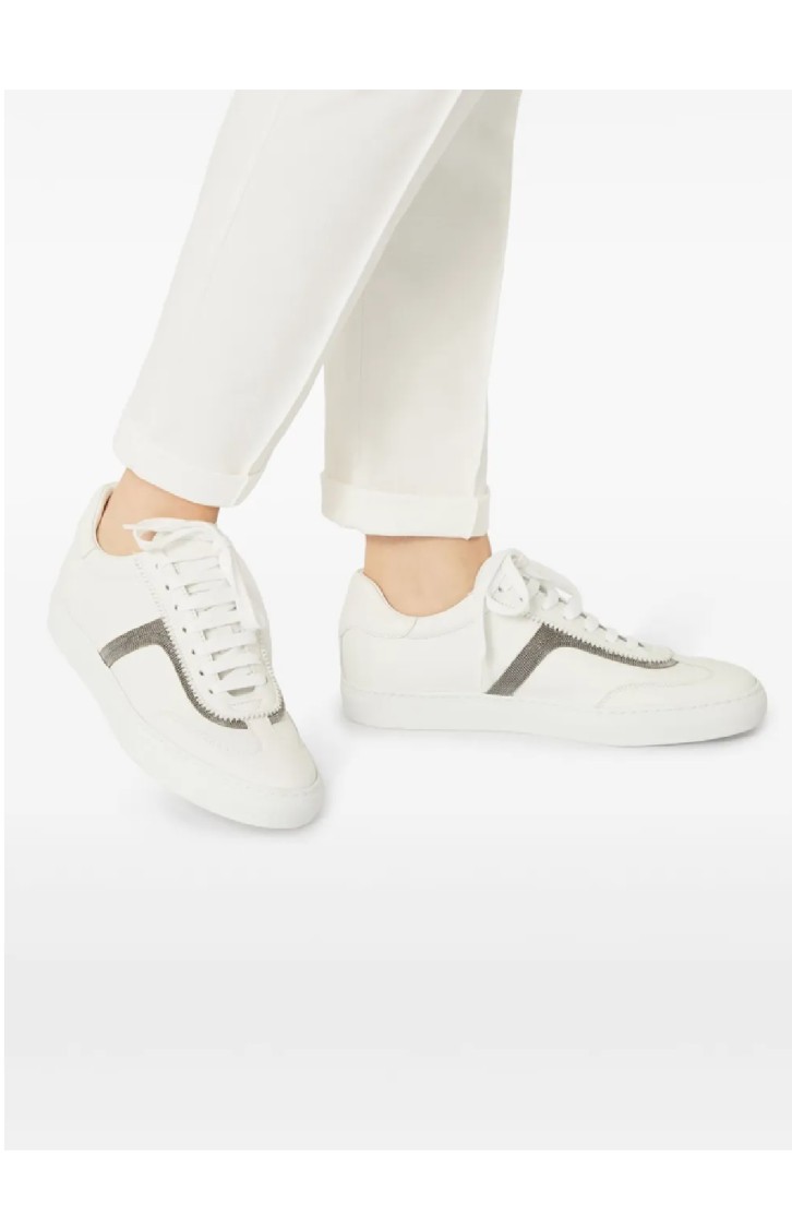 Brunello Cucinelli White Sneaker With Monili Chain Detail In White
