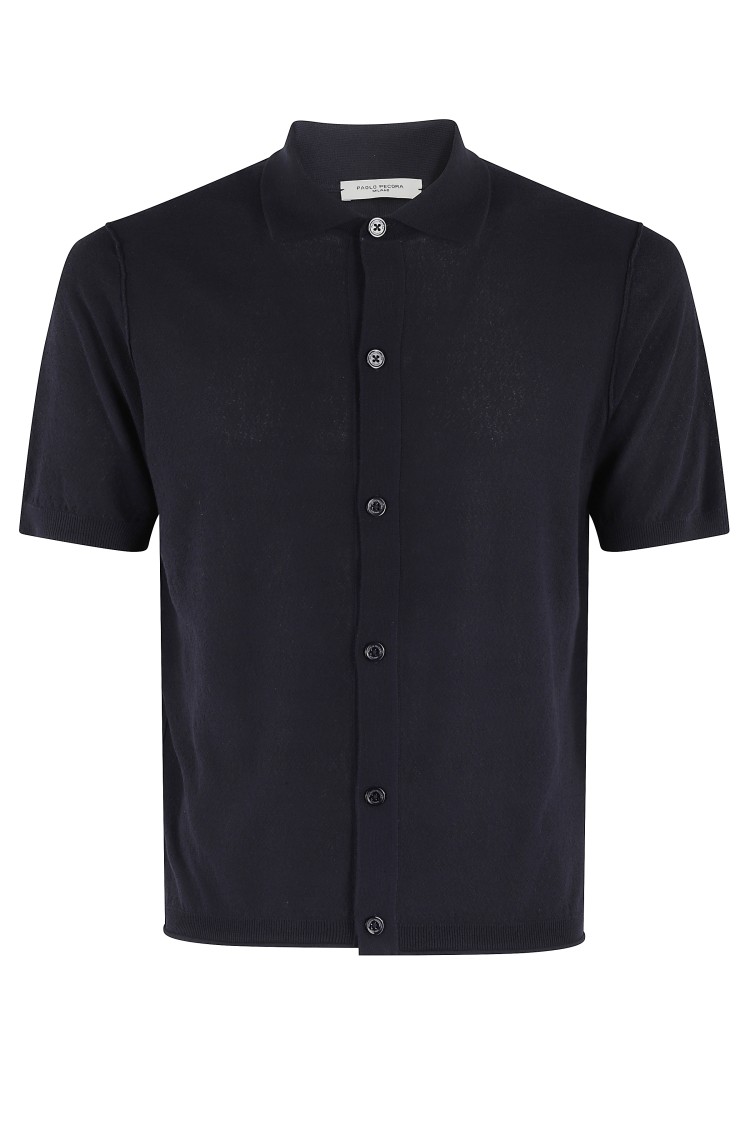 Paolo Pecora Short-sleeved Polo-style Knit Shirt With Textured Pattern In Blue