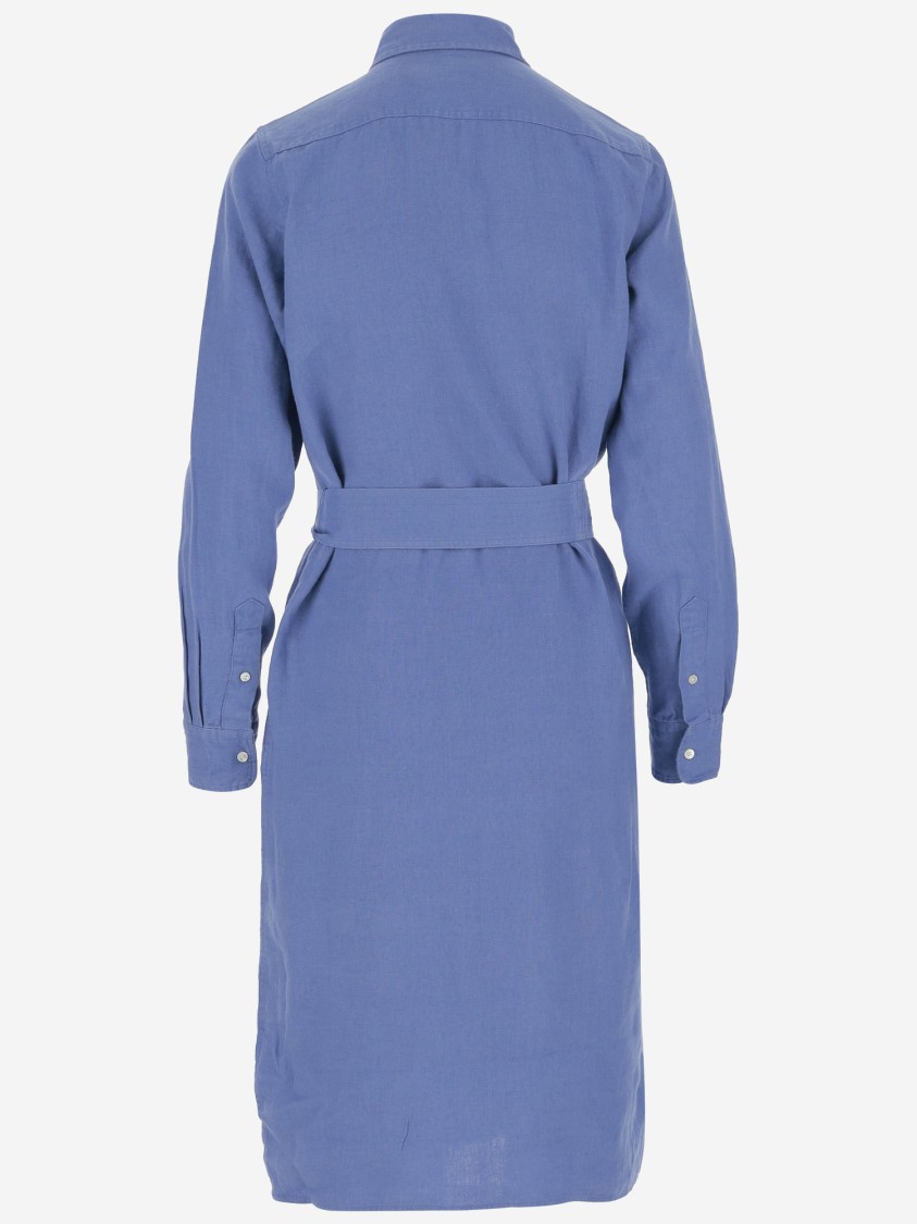 Polo Ralph Lauren Linen Dress With Classic Collar And Adjustable Waist In Blue
