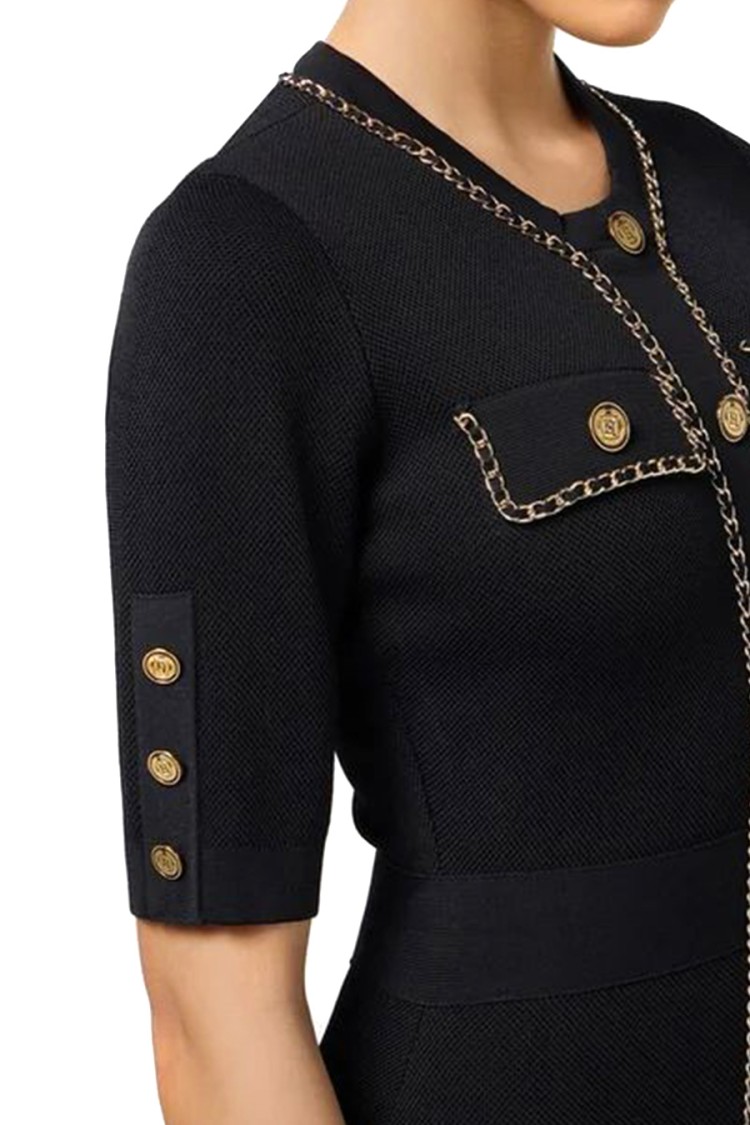 ELISABETTA FRANCHI ELISABETTA FRANCHI FITTED BLACK MINI DRESS WITH BUTTON-DOWN FRONT AND GOLD-CHAIN DETAILING