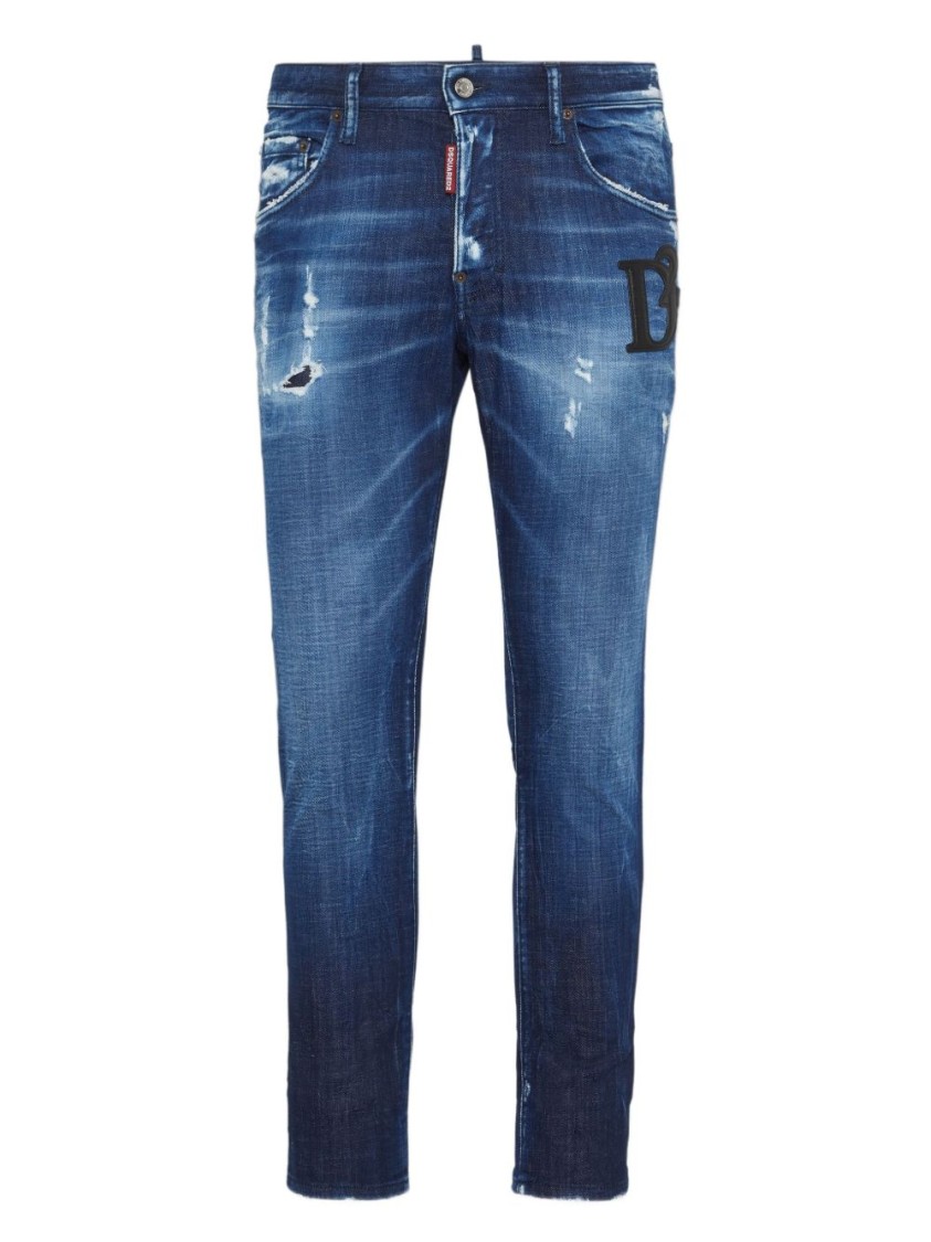 Dsquared2 Distressed Blue Denim Jeans With Concealed Fly In Black