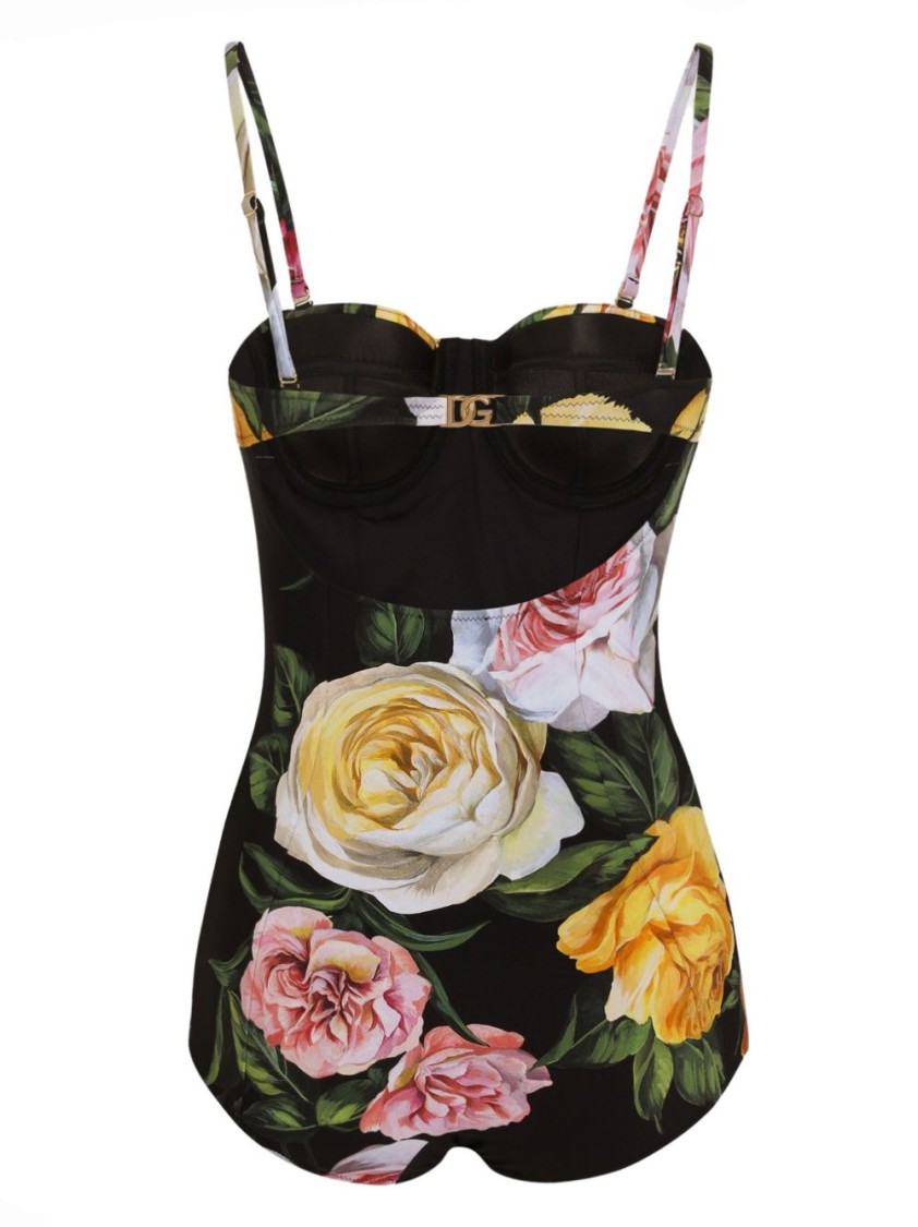 Dolce & Gabbana One-piece Swimsuit With Rose And Peony Print In Black