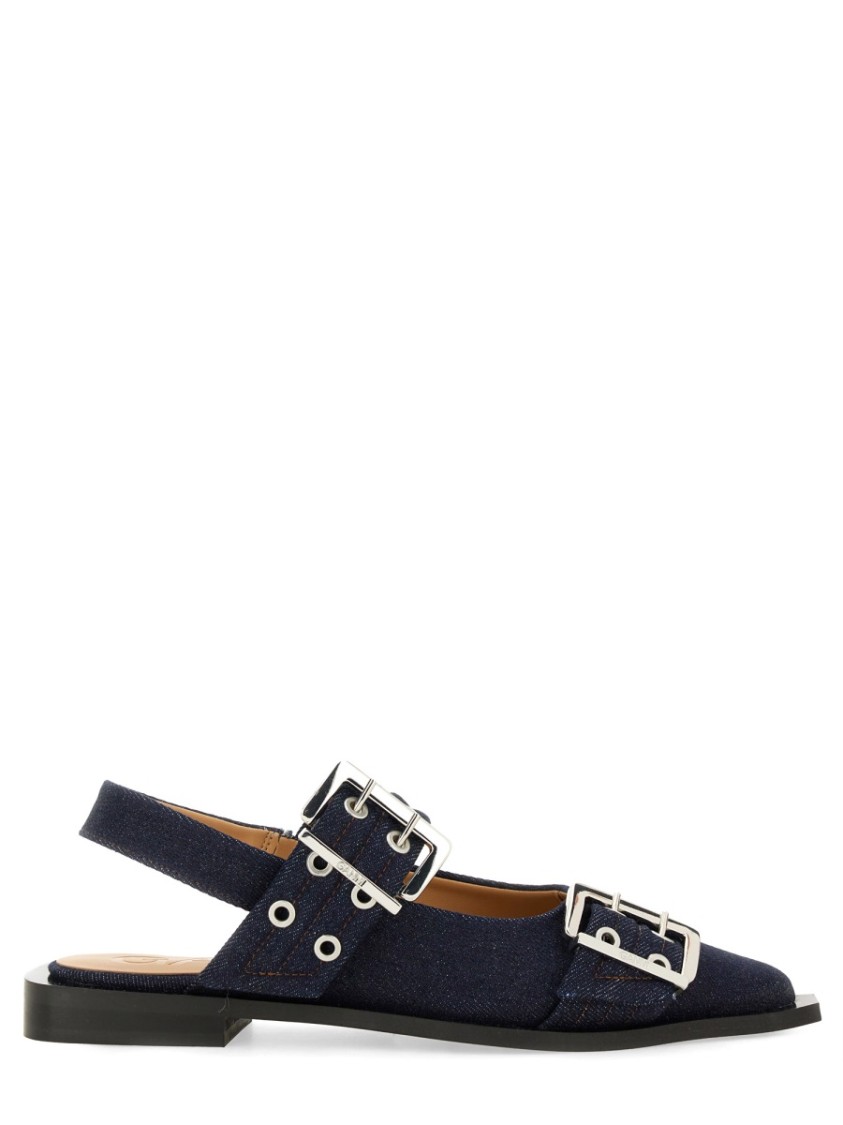 Ganni Buckled Eyelet-embellished Recycled Denim Ballet Flats In Blue