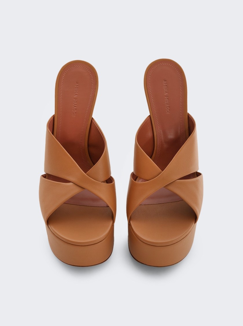 Amina Muaddi Salma Plateau Slipper Sandal Latte Leather In Brown