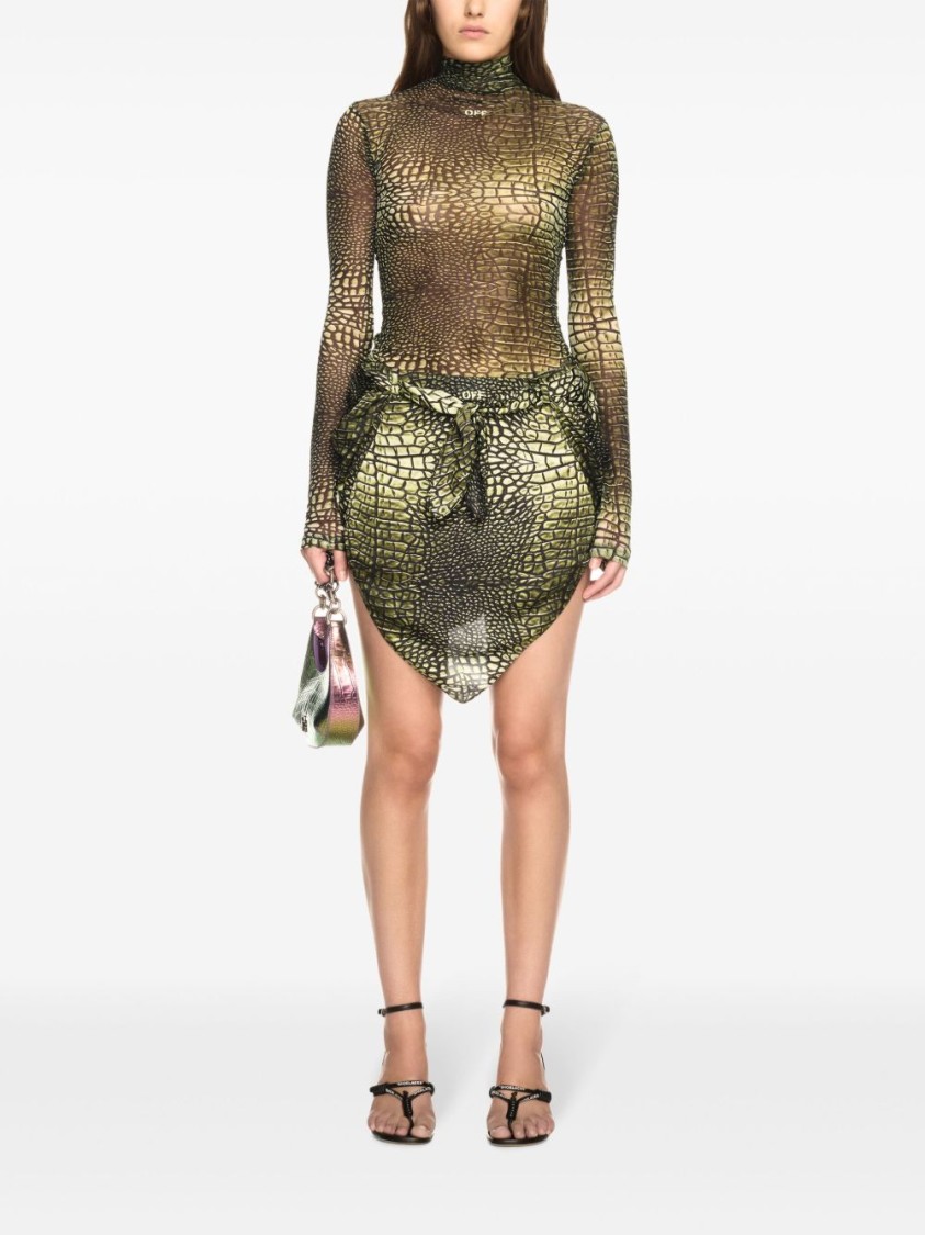 Off-white High-neck T-shirt With Crocodile Skin Print In Green