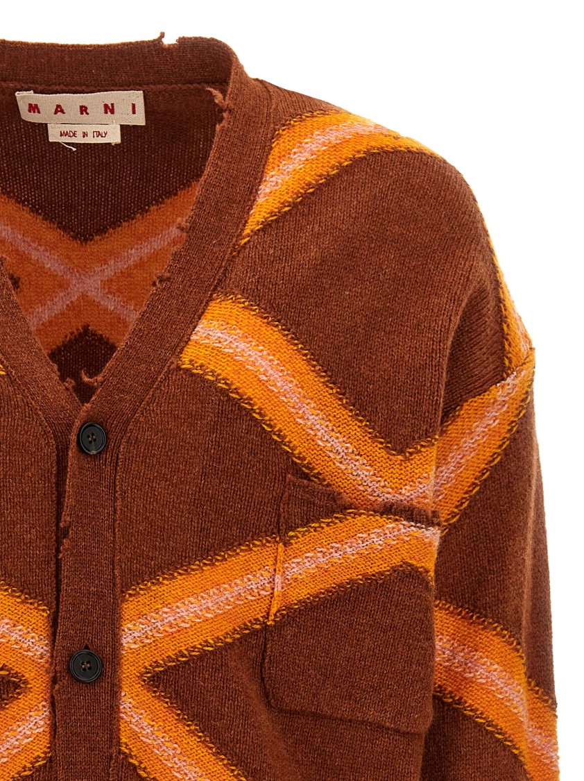 Marni Geometric-pattern Virgin Wool Cardigan In Brown