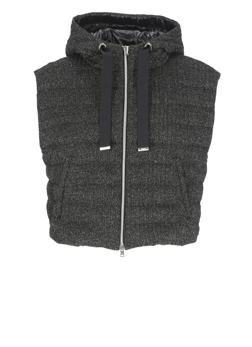 Herno Lurex Sleeveless Hooded Drawstring Jacket In Black