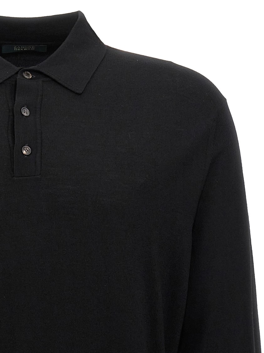 Zanone Wool Knit Polo Shirt With Cuffed Sleeves And Subtle Ribbing In Black