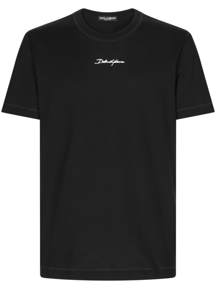 Dolce & Gabbana Black Crewneck T-shirt With Signature Logo In Cotton Man In Black