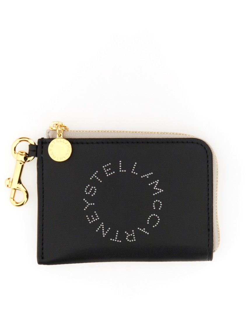 Stella Mccartney Compact Wallet With Perforated Logo And Zip Closure In Black