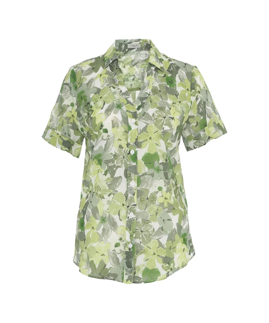 HIMON'S HIMONS FLORAL PATTERNED GREEN BLOUSE WITH ROUNDED HEM