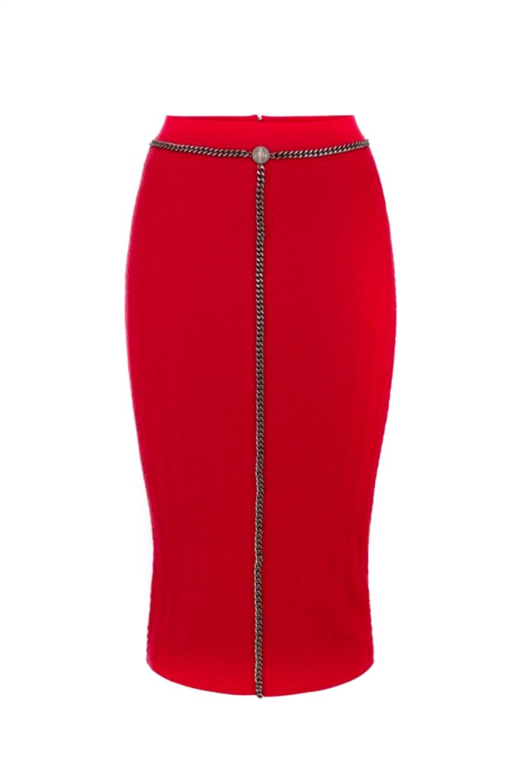 Elisabetta Franchi Textured Herringbone Midi Skirt With Chain Detail In Red