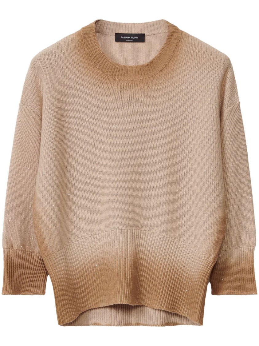Fabiana Filippi Ribbed Beige Sweater With Classic Round Neckline In Brown