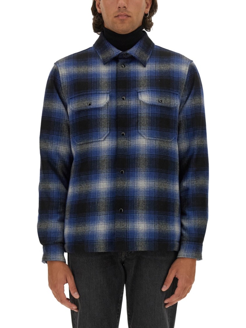 Woolrich Checked Italian Wool Blend Alaskan Padded Overshirt In Blue