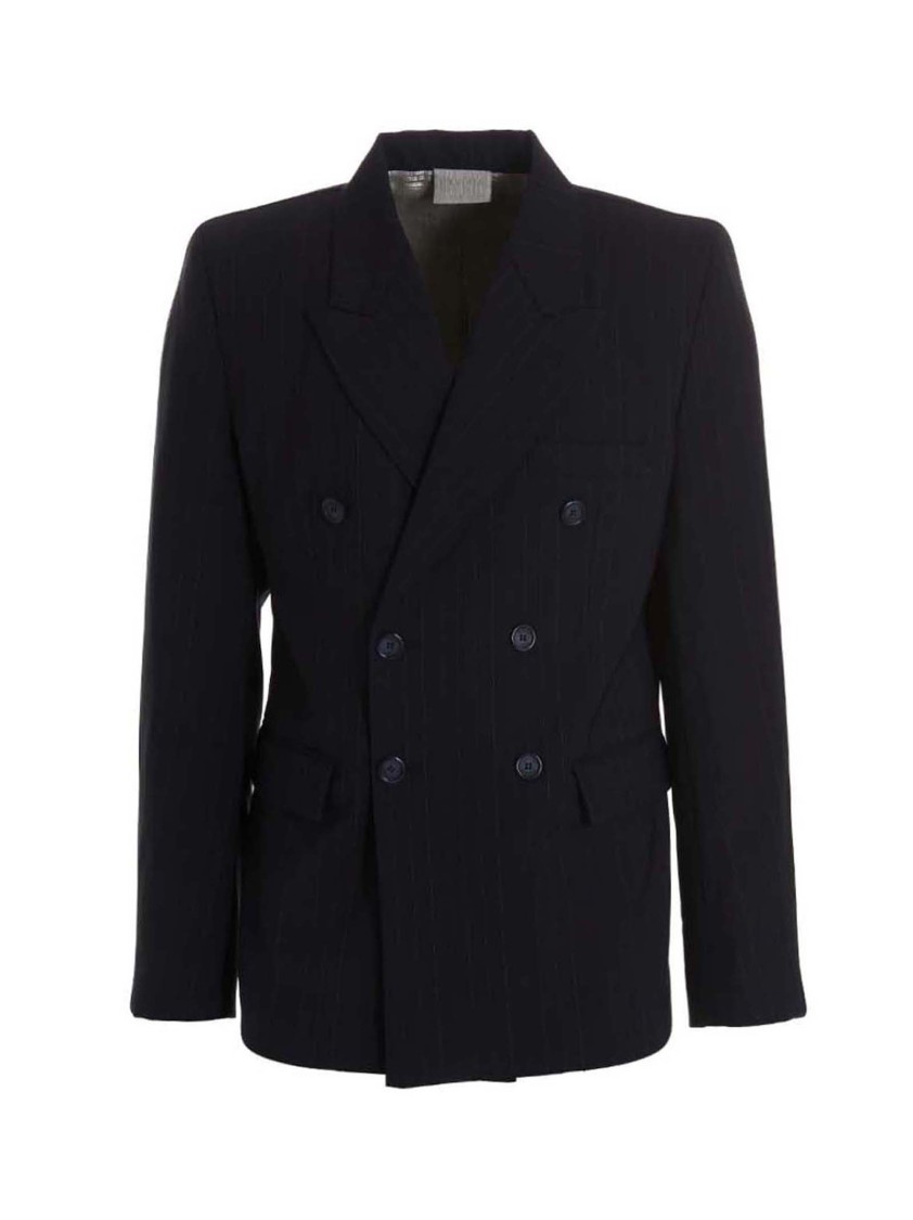 Vtmnts Double-breasted Pinstriped Blazer With Flap Pockets In Black