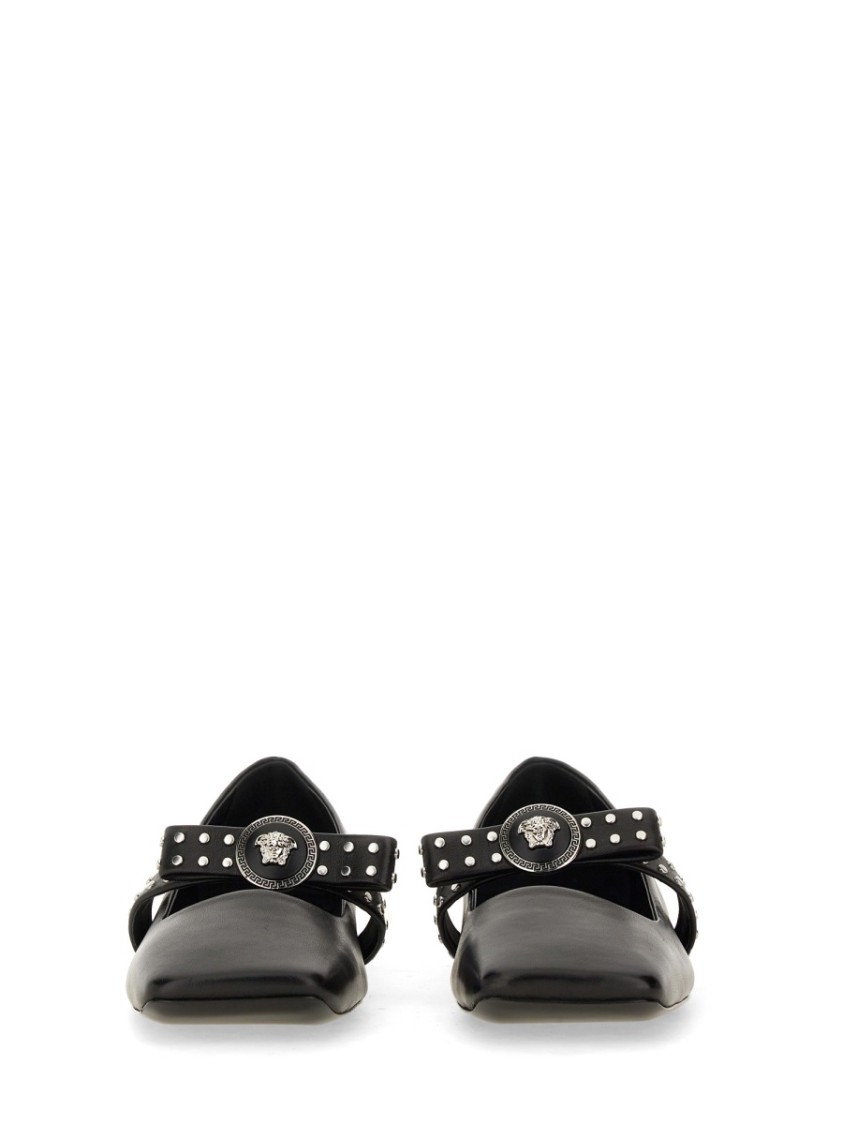 Versace Gianni Ribbon Leather Ballerina Flats With Studded Bow In Black