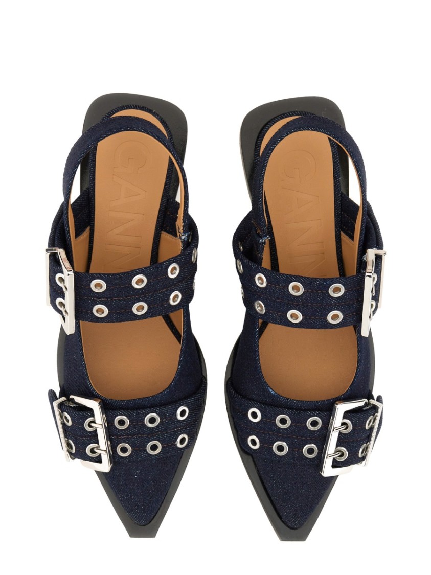 Ganni Buckled Eyelet-embellished Recycled Denim Ballet Flats In Blue