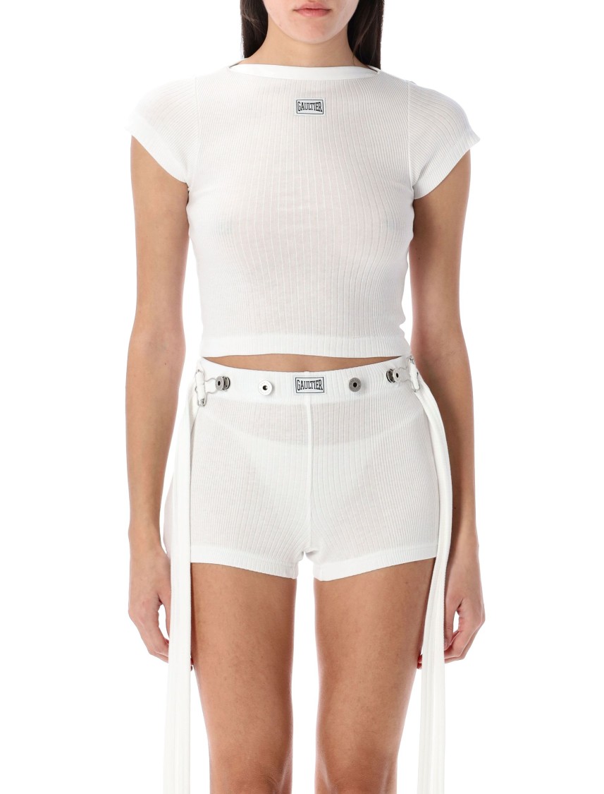 Shop Jean Paul Gaultier Cropped White Patch T-shirt