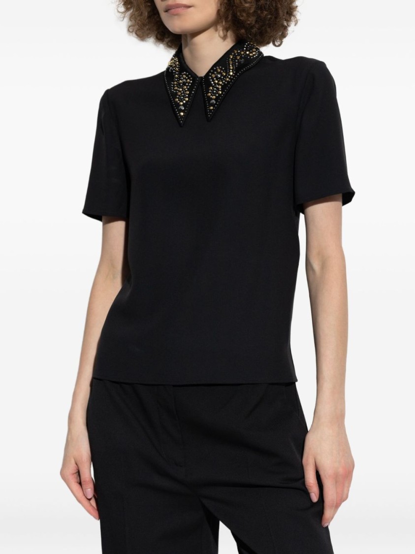 Versace Pointed Collar Black Shirt With Gold And Silver Embellishments In Black