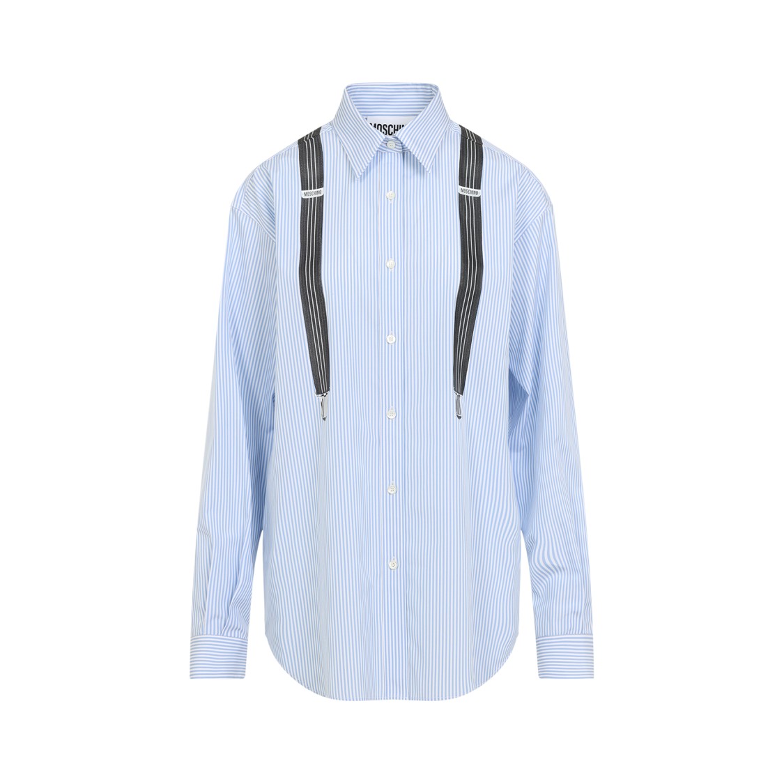 Moschino Couture Light Blue Cotton Striped Shirt With Decorative Straps In Blue