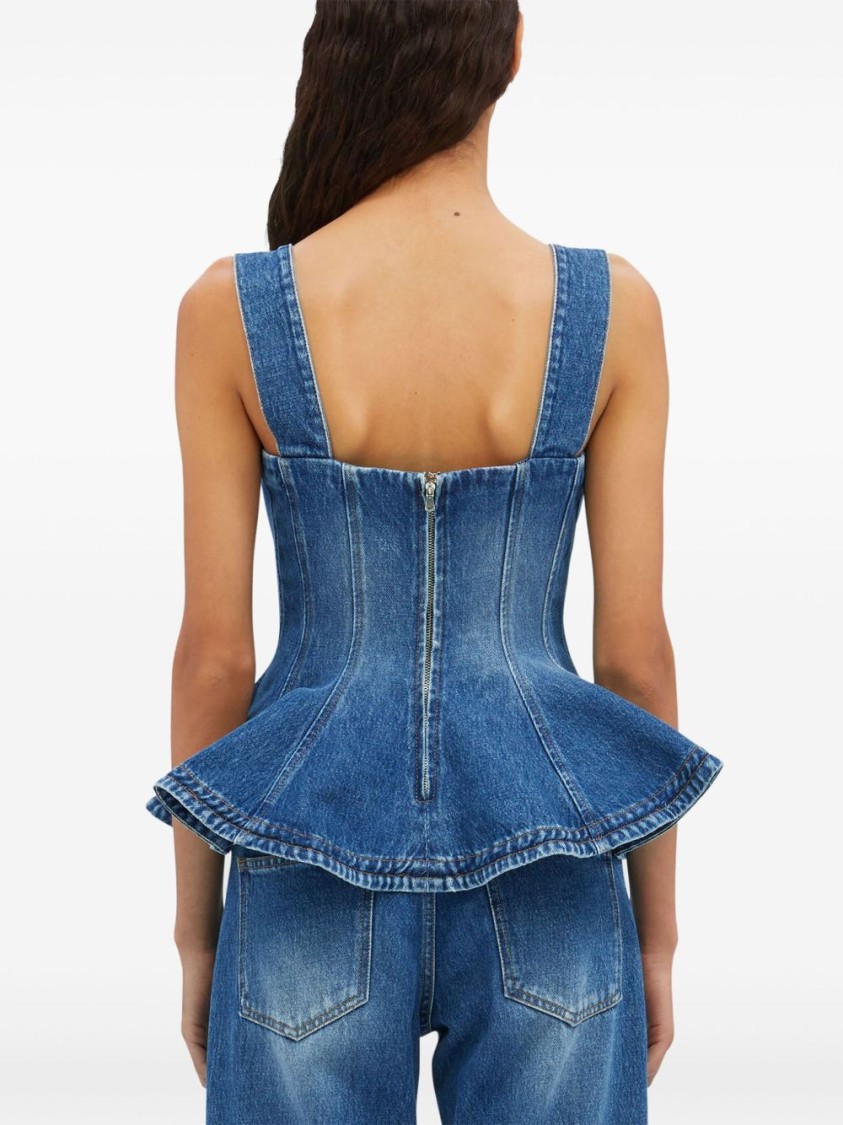 Msgm Denim Peplum Ruffle Sleeveless Square Wide Top